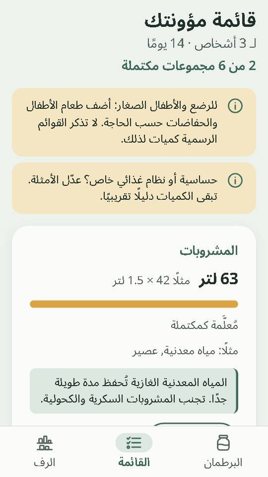شاشة التطبيق «قائمة مؤونتك»: 63 لترًا من المشروبات لثلاثة أشخاص و14 يومًا