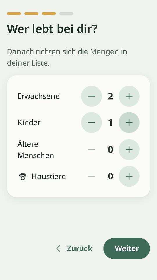 App-Bildschirm „Wer lebt bei dir?“ mit 2 Erwachsenen und 1 Kind
