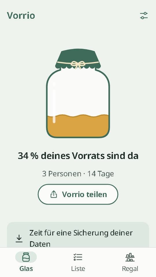 Startseite der App Vorrio: ein Glas, zu 34 Prozent gefüllt, für 3 Personen und 14 Tage