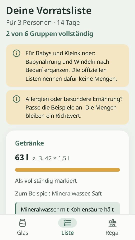 App-Bildschirm „Deine Vorratsliste“: 63 Liter Getränke für 3 Personen und 14 Tage