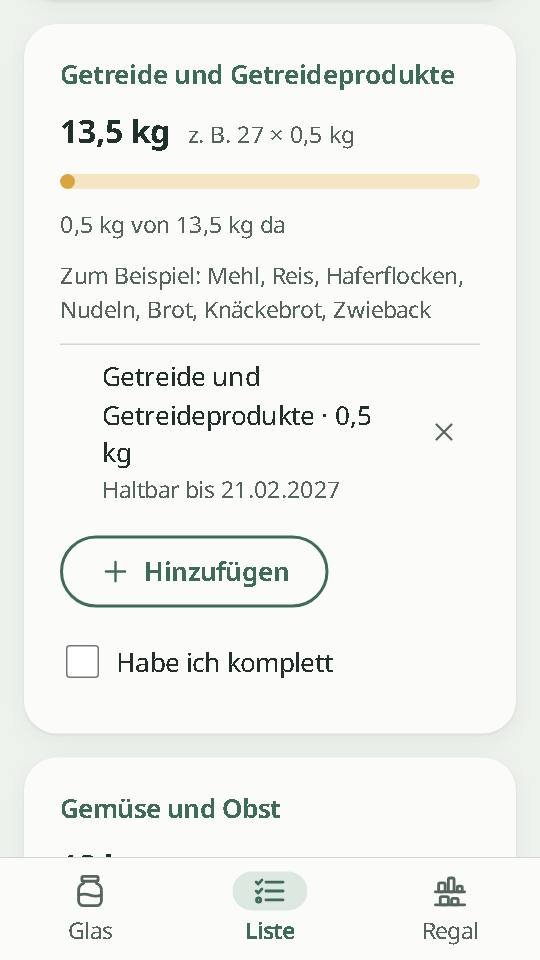 App-Bildschirm mit der Gruppe Getreide: 0,5 kg von 13,5 kg vorhanden, mit Ablaufdatum und Häkchen