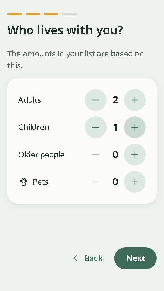 App screen “Who lives with you?” with 2 adults and 1 child