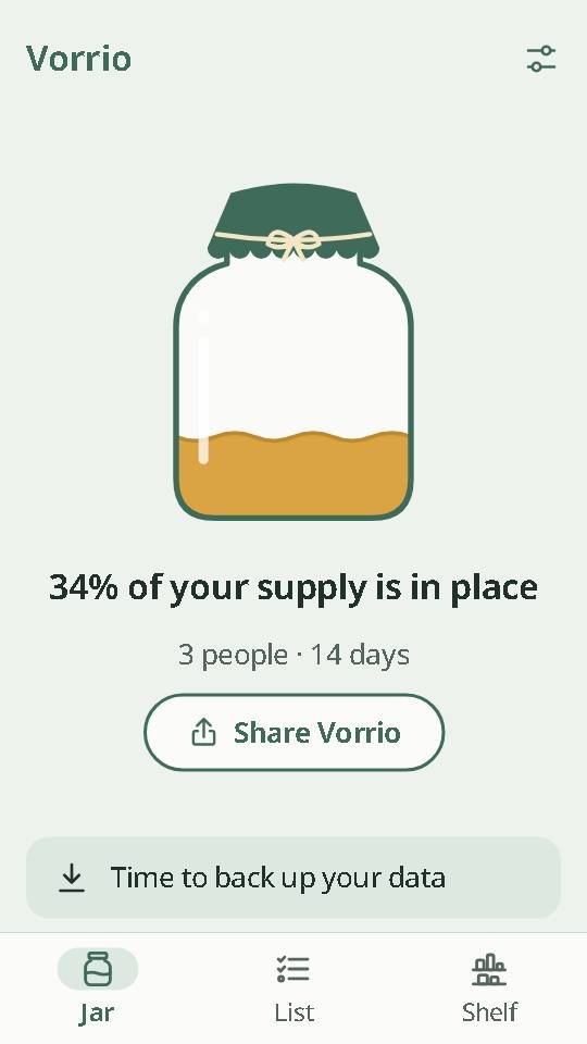 Vorrio home screen: a jar filled to 34 percent, for 3 people and 14 days