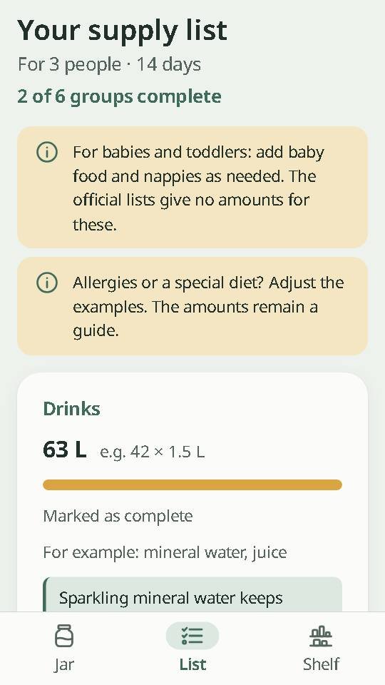 App screen “Your supply list”: 63 litres of drinks for 3 people and 14 days