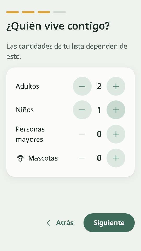Pantalla «¿Quién vive contigo?» con 2 adultos y 1 niño