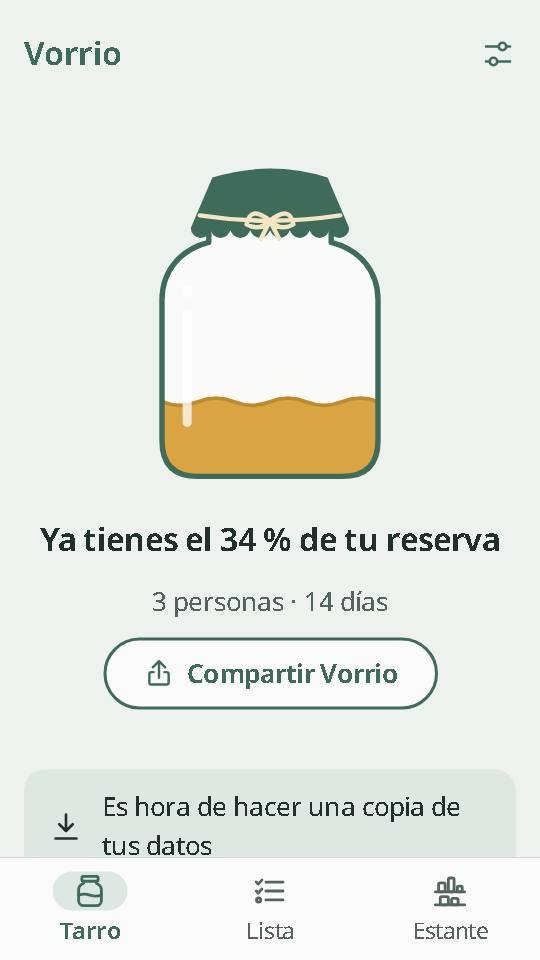 Pantalla de inicio de Vorrio: un tarro lleno al 34 por ciento, para 3 personas y 14 días