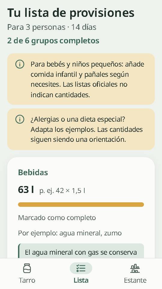 Pantalla «Tu lista de provisiones»: 63 litros de bebidas para 3 personas y 14 días