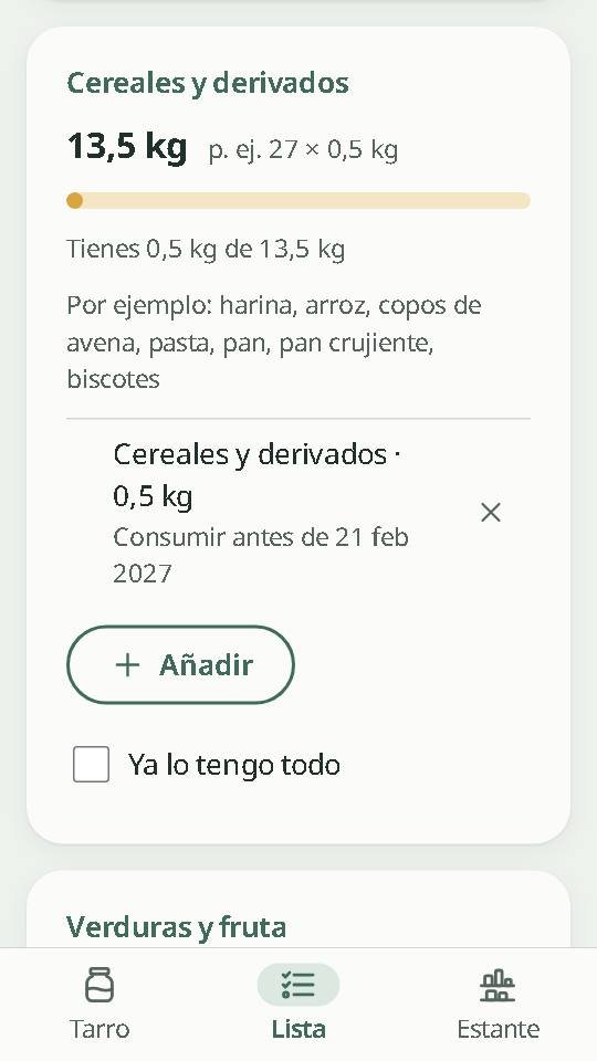 Pantalla del grupo de cereales: 0,5 kg de 13,5 kg en casa, con fecha de caducidad y casilla para marcar