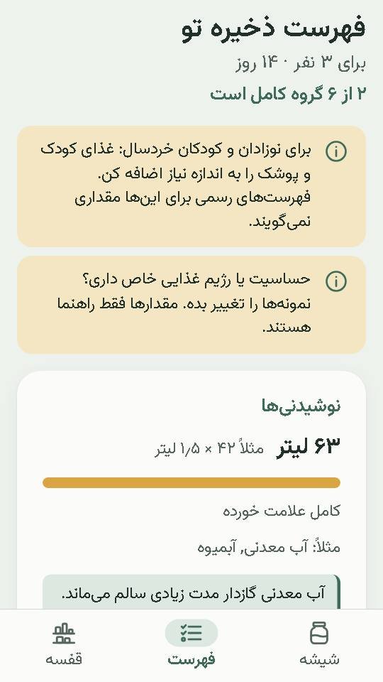 صفحه اپ «فهرست ذخیره تو»: ۶۳ لیتر نوشیدنی برای ۳ نفر و ۱۴ روز